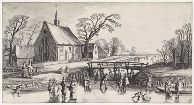 Paisaje invernal con patinadores cerca de un pueblo. Playsante paisajes y caras divertidas (título de la serie) de Jan van de Velde (II)