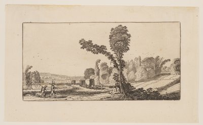 Paisaje con cazadores y carros de heno, de Seis paisajes de Jan van de Velde II