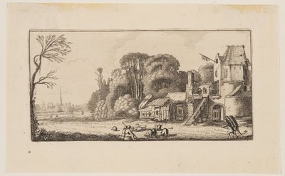 Paisaje con cerdos y dos vendedores ambulantes, de Seis paisajes de Jan van de Velde II