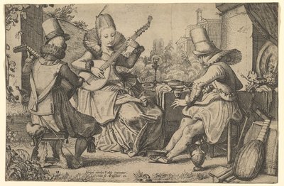 Dos hombres elegantemente vestidos y una mujer en un jardín, 1613-41 de Jan van de Velde II