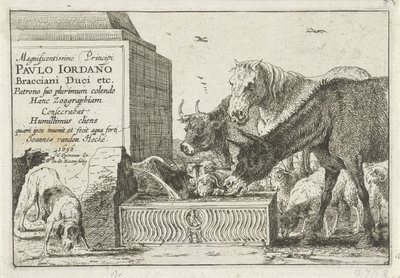 animales junto a una fuente Título impreso de una serie de grabados que representan animales. Animales (título de la serie) Zoographiam (título de la serie sobre el objeto) de Jan van den Hecke