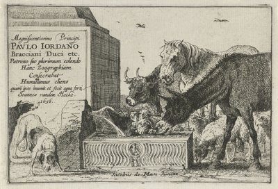 animales junto a una fuente Título impreso de una serie de grabados que representan animales. Animales (título de la serie) Zoographiam (título de la serie sobre el objeto) de Jan van den Hecke