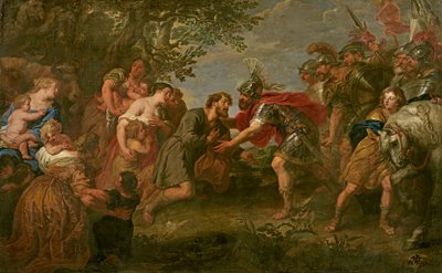 Jacob conoce a su hermano Esaú (óleo sobre lienzo) de Jan van den Hoecke