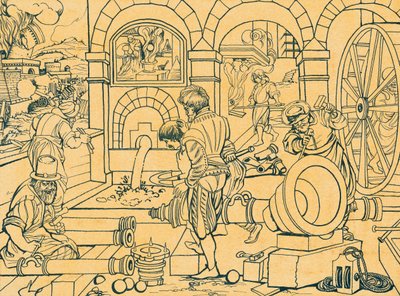Fundición de cañones, dibujo de Nova Reperta de Jan van der (1523 1605) Straet