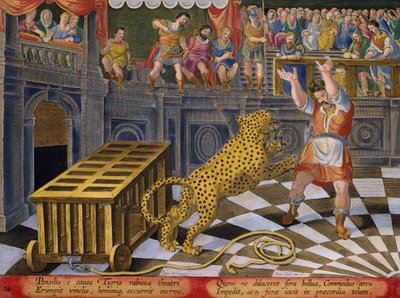 El emperador romano Cómodo dispara una flecha para someter a un leopardo que se ha escapado de su jaula en la Arena, lámina 14 de "Venationes Ferarum, Avium, Piscium" (De la caza: bestias salvajes, aves, peces) grabado por Jan Collaert (1566-1628) publicad de Jan van der (1523 1605) (after) Straet