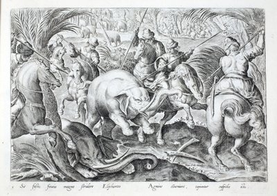 Los elefantes hacen un gran ruido al ser golpeados por las lanzas de los cazadores, ilustración de 