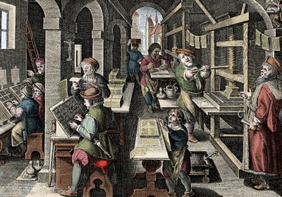 Imprenta, c1600 - Holanda, Impresión: a la izquierda los caracteres usan caracteres, las diferentes etapas de la preparación de la impresión supervisadas por un maestro impresor - Grabado de 