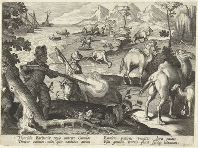 Marineros en un horrible país bárbaro matan camellos con mosquetes para aliviar su hambre, ilustración de 