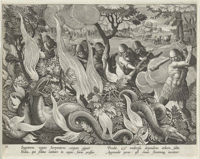 Cazando Serpientes en India Usando Garrotes y Antorchas para Iluminar la Maleza, lámina 44 de Venationes Ferarum, Avium, Piscium (De la Caza: Bestias Salvajes, Aves, Peces) pub. 1640 de Jan van der 1523 1605 Straet