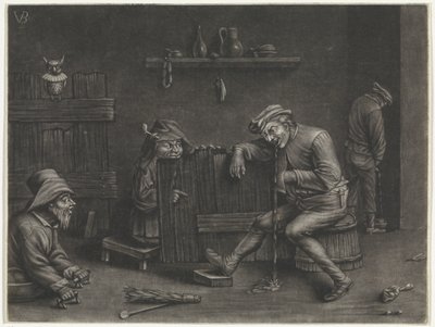 Interior con hombre que orina, hombre que vomita, un enano y un mendigo de Jan van der Bruggen
