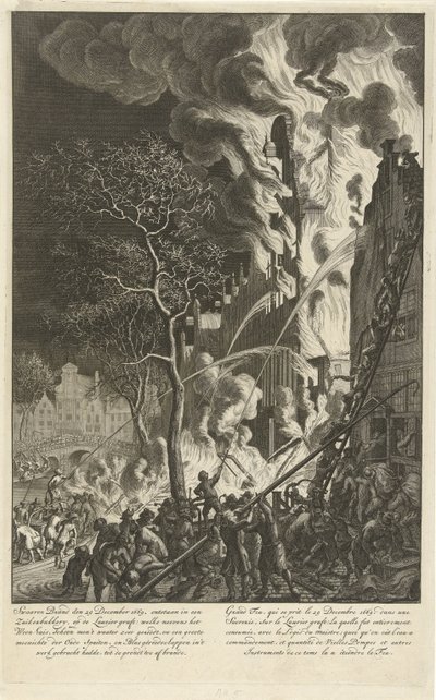 Incendio en el Lauriergracht en Amsterdam, 1669 Fuerte incendio el 29 de diciembre de 1669. originado en una panadería de azúcar, en el injerto de Laurier (...) / Grand feu, qui se prit le 29 decembre 1669. dans une sucrerie, sur le Laurier injerto (...) ( de Jan van der Heyden (attributed to)