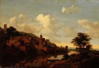 Una ciudad fortificada sobre un río de Jan van der Heyden