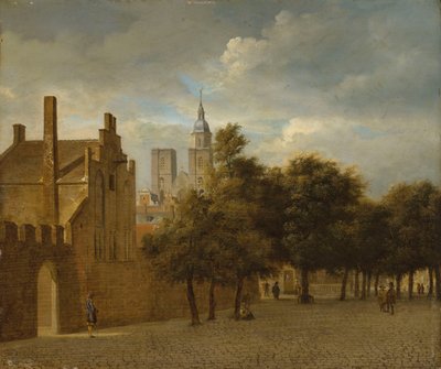 Un paisaje urbano con figuras paseando, una iglesia más allá de Jan van der Heyden