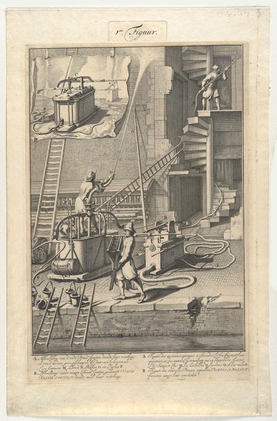Antiguas bombas contra incendios y nuevas bombas de manguera de Jan van der Heyden