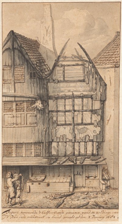 Dos casas quemadas en la calle Oude Nieuwstraat, 1682 de Jan van der Heyden