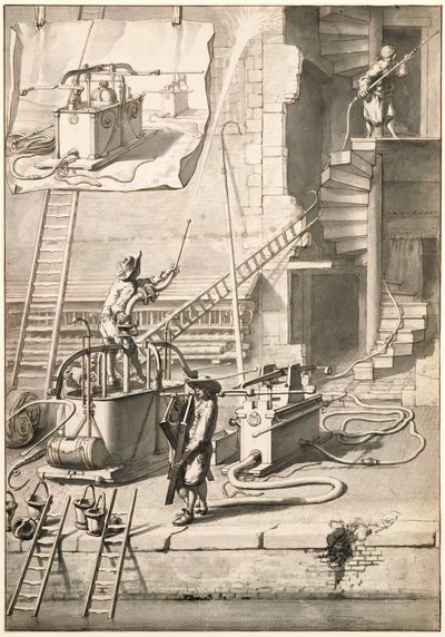 Comparación de los antiguos camiones de bomberos con el camión de bomberos serpiente de Van der Heyden de Jan van der Heyden
