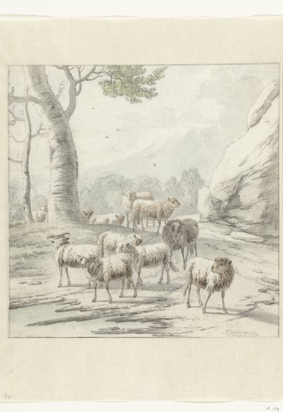 paisaje con un rebaño de ovejas cerca de un árbol de Jan van der Meer (II)