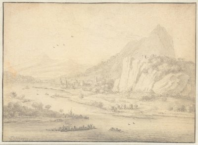 Paisaje montañoso del río con barcos de Jan van der Meer (II)