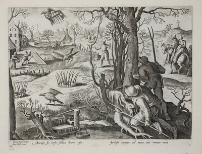 Cazadores de aves usando trampas cebadas con ratas para capturar halcones, lámina 64, ilustración de 