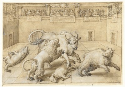 Lucha en una arena entre un toro, un león, un oso y dos lobos de Jan van der Straet