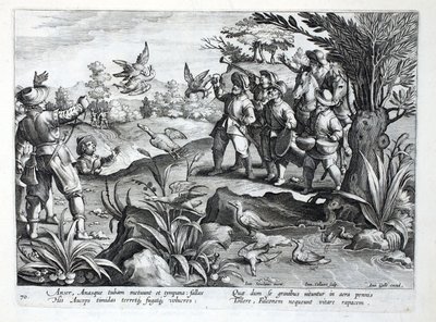 Cazadores usando halcones para cazar gansos, ilustración de 