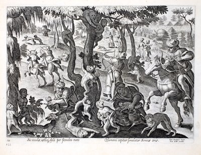 Caza de monos en el campo, ilustración de 