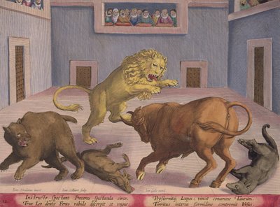 Nobles observan el combate de bestias salvajes en un circo cubierto, lámina 12 de 