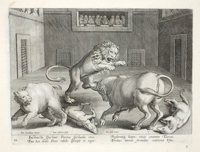 Nobles observan el combate de bestias salvajes en un circo interior, ilustración de 