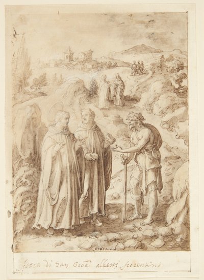 Historia de San Giovanni Alberti Fiorentino. El santo y el monje acompañante dan su último pan a un mendigo de Jan van der Straet