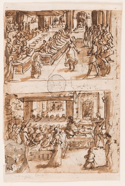 Danza de Salomé; Verso, arriba: Interpretación de Daniel del segundo sueño del rey Nabucodonosor, diseño preliminar para "Spiritus Consilii" (El Espíritu de Consejo), placa 3 en la serie de grabados "Los siete dones del Espíritu Santo"; Verso, abajo: Dos ó de Jan van der Straet, called Stradanus