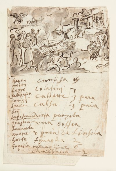 Muerte de la mujer de Sestos, de la Historia Natural de Plinio, Libro 10, cap. 6; abajo: inscripción que enumera animales presentados en una serie de imágenes de caza, y lista de prendas de vestir de Jan van der Straet, called Stradanus
