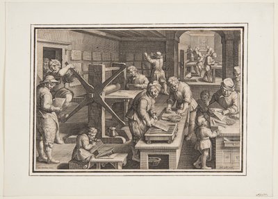 Grabado en metal; Grabadores en un barco de Jan van der Straet, called Stradanus