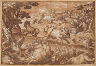 Hombres cazando toros con águilas de Jan van der Straet, called Stradanus