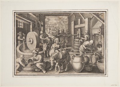 Oleum Olivarum (La producción de aceite de oliva), lámina 12 en la Nova Reperta (Nuevos inventos de los tiempos modernos) de Jan van der Straet, called Stradanus