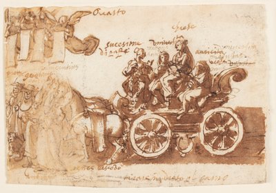 Página de un cuaderno de bocetos; Carro y tres caballos de Jan van der Straet, called Stradanus