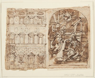 Página de un cuaderno de bocetos; Elevación del Palacio, Anunciación, Última Cena de Jan van der Straet, called Stradanus