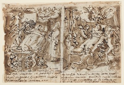 Página de un cuaderno de bocetos; Poderes celestiales ayudando a los piadosos; Boceto para retrato de santo; Decoración de frontón de Jan van der Straet, called Stradanus