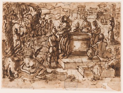 Página de un cuaderno de bocetos; Moisés y las hijas de Jetro de Jan van der Straet, called Stradanus