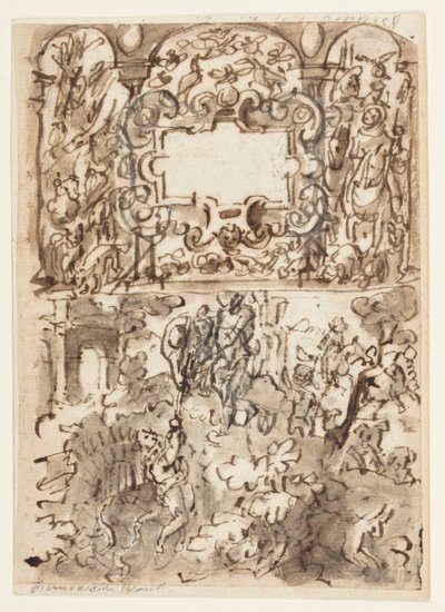 Página de un cuaderno de bocetos; Página de título para la serie de grabados sobre caza; Accidente de un cazador de Jan van der Straet, called Stradanus