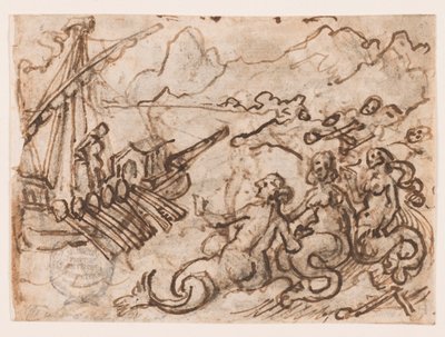 Página de un cuaderno de bocetos: Ulises pasa las sirenas (recto); Ulises en el inframundo (verso) de Jan van der Straet, called Stradanus