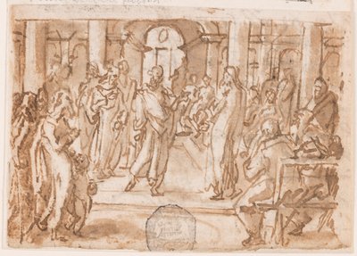 Pedro y Juan cuestionados por el Consejo Superior, diseño preliminar para "Spiritus Scientiae" (El Espíritu de Ciencia), placa 5 en la serie de grabados "Los siete dones del Espíritu Santo" de Jan van der Straet, called Stradanus