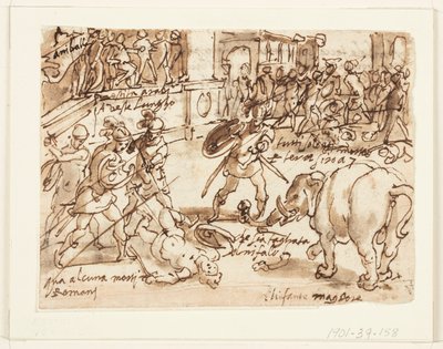 Recto: Un soldado romano luchando contra uno de los elefantes de Aníbal; Verso: inscripción relacionada con la Historia Natural de Plinio el Viejo, Libro 8, cap.7 de Jan van der Straet, called Stradanus