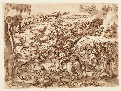 Recto: Batalla entre pigmeos y grullas; Verso: inscripción relacionada con la Historia Natural de Plinio el Viejo, Libro 7, cap. 2 de Jan van der Straet, called Stradanus