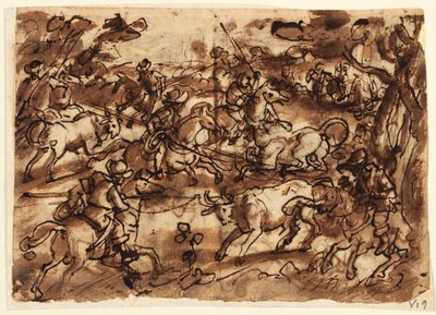 Recto: Caza de toros con lazos; Verso, arriba: Caza de osos por hombres con armadura; Verso, abajo: Caza de monos por engaño; todos diseños preliminares para la serie Venationes de Jan van der Straet, called Stradanus