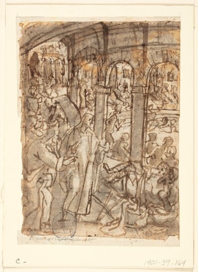 Recto: Cristo sanando a los paralíticos cerca del estanque de Betesda; Verso, arriba: Mercurio, patrón de los viajeros; Verso, abajo: estudios de un hombre cerca de una puerta abierta de Jan van der Straet, called Stradanus