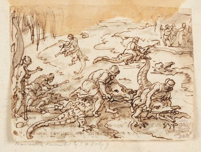 Recto: Caza de Cocodrilos en Tentyra, en Egipto; Verso: inscripción relacionada con la Historia Natural de Plinio el Viejo, Libro 7, cap. 38 de Jan van der Straet, called Stradanus