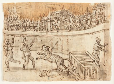 Recto: Emperador Cómodo matando a un leopardo; Verso: Boceto de Luigi Alamanni, e inscripción en su mano relacionada con Historiae de Herodiano, I, 15, 6-7 de Jan van der Straet, called Stradanus