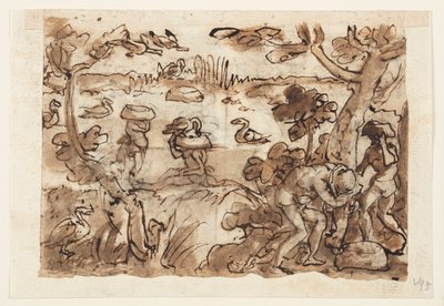 Recto: Caza de patos usando calabazas en las Indias Occidentales; Verso, arriba: Caza de cocodrilos en el Nilo; Verso, abajo: Caza de tigres usando trampas y espejos de Jan van der Straet, called Stradanus