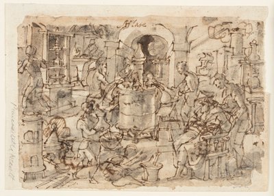 Recto: Invención de la destilación, diseño preliminar para "Destillatio," placa 7 en la serie de grabados Nova Reperta (Nuevos inventos de los tiempos modernos) de Jan van der Straet, called Stradanus
