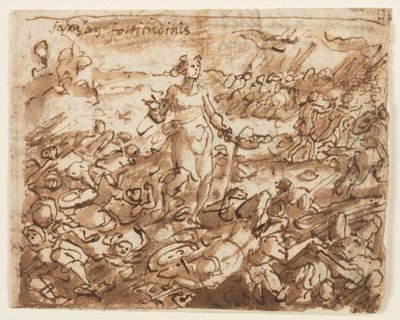 Recto: Sansón, habiendo derrotado a los filisteos, bebe agua de la quijada de un asno, diseño preliminar para "Spiritus Fortitudines" (El Espíritu de Fortaleza), placa 4 en la serie de grabados "Los siete dones del Espíritu Santo". Verso: inscripción ocult de Jan van der Straet, called Stradanus